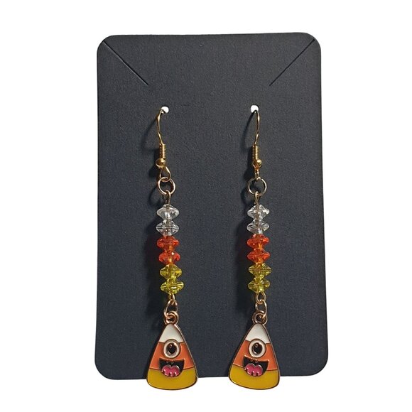 Handmade Candy Corn Halloween Dangle Beaded Earrings Fun Festive 3 Inch Length - Picture 2 of 7